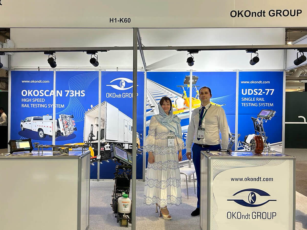 Стенд компании OKOndt GROUP на выставке Saudi International Rail 2025 в выставочном центре Riyadh Front, представлено передовое оборудование для контроля рельсов