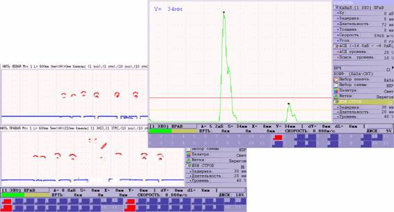 Режимы отображения результатов контроля А-скан, Б-скан на экранеультразвуковой рельсовой тележки УДС2-73