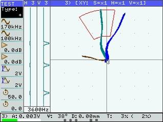 Вид сигнала от выявленной трещины в болтовом отверстии авиационного колеса на экране вихретокового портативного дефектоскопа ВД3-81 Eddycon