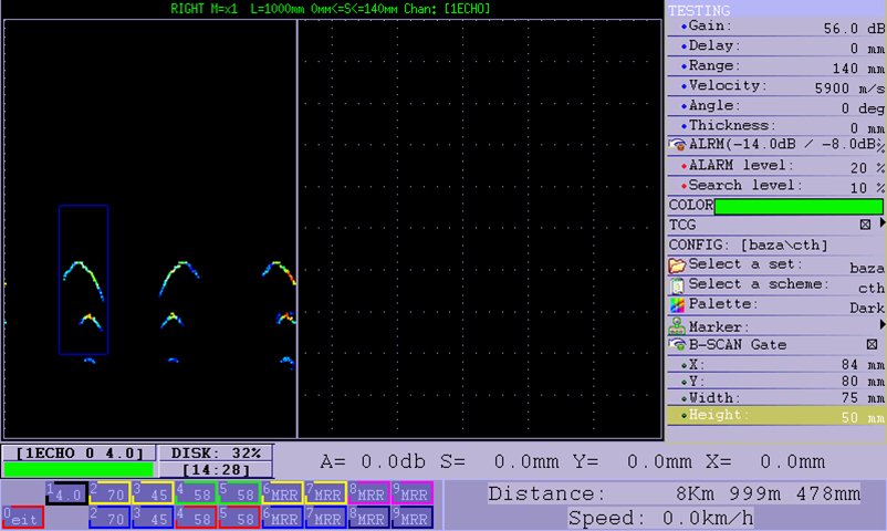 B-scan of the ultrasonic mechanized flaw detector for inspection of one rail line UDS2-77
